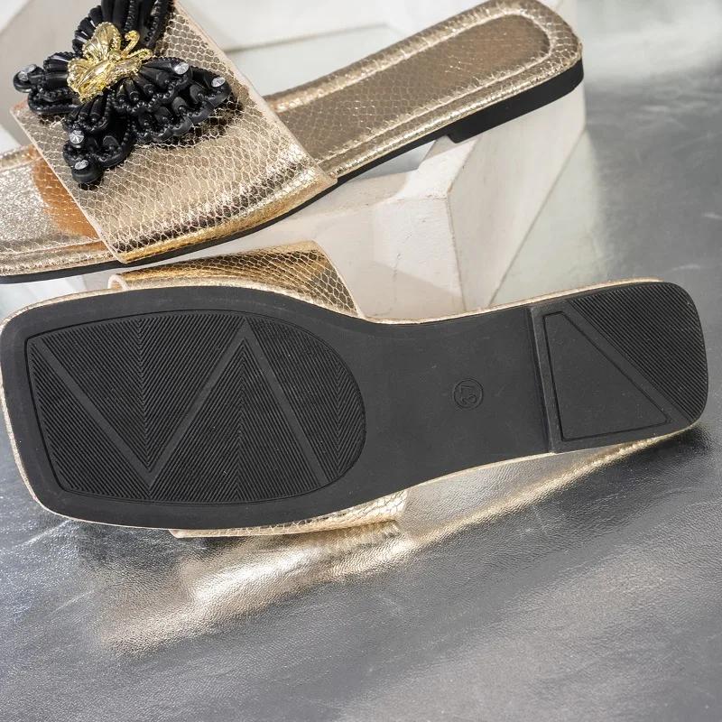 Fashion 2025 Summer Open Toe Square Toe Women's Slipper Outdoor Daily Sandals Women with Crystal Butterfly Plus Size Low Heel Slippers