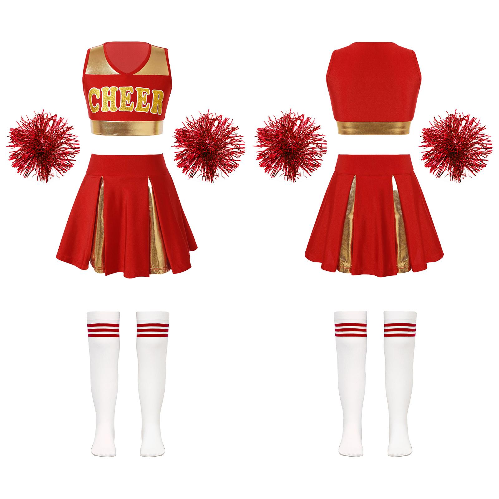 

Костюм для черлідингу для дівчаток Уніформа для шкільної дівчини з аксесуарами Костюм для Хеллоуїна Карнавальне вбрання для вечірки 9-10 Years білий/червоний
