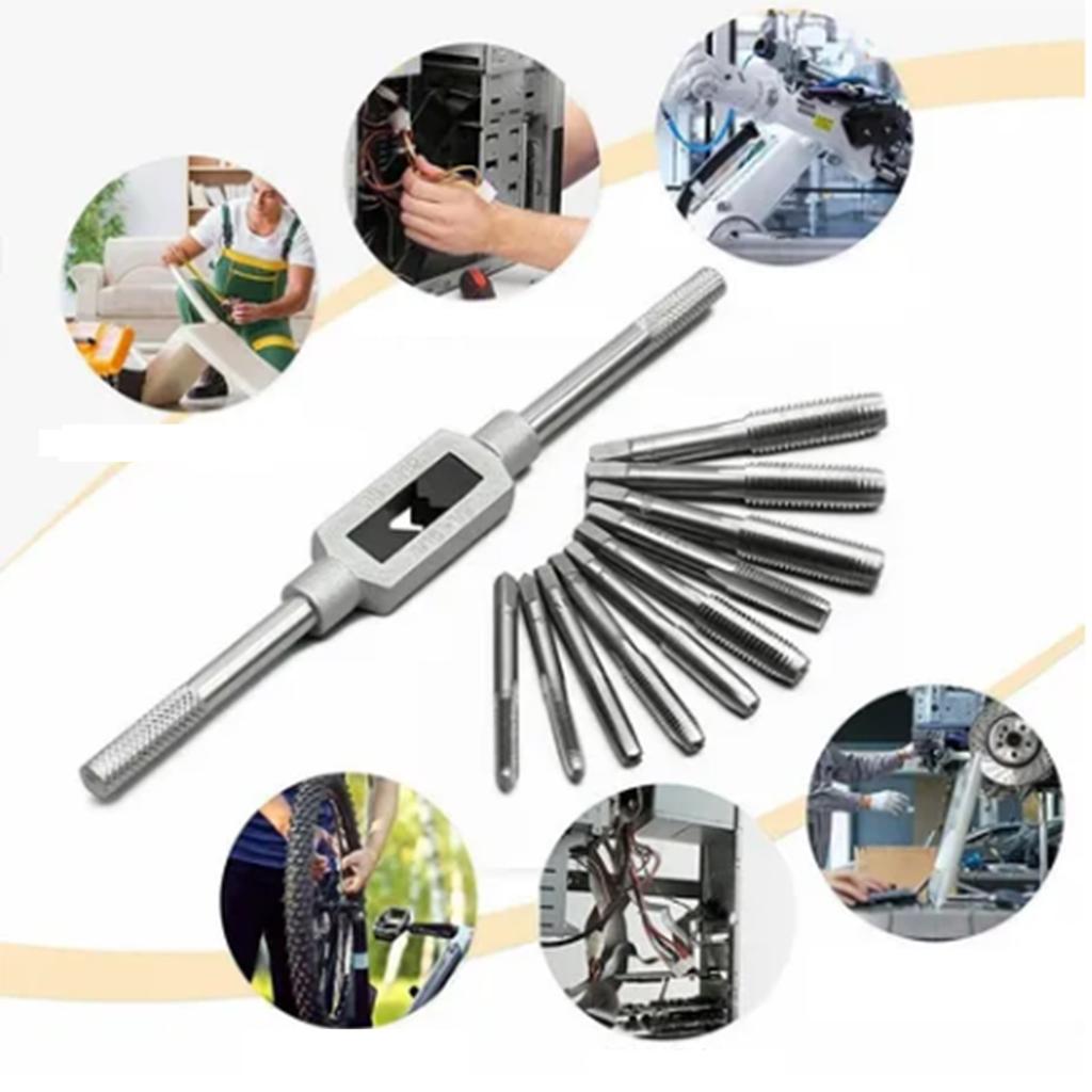 8PCS Straight Slotted Tap Silver High Speed Steel Straight Flutes Screw Threading Tap with Drift Holder for Wood