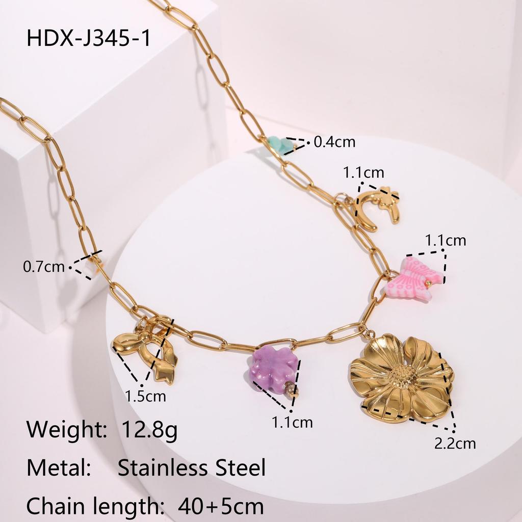 Starfish Flower Pendant Necklace with Pearl Shell on Stainless Steel Clavicle Chain