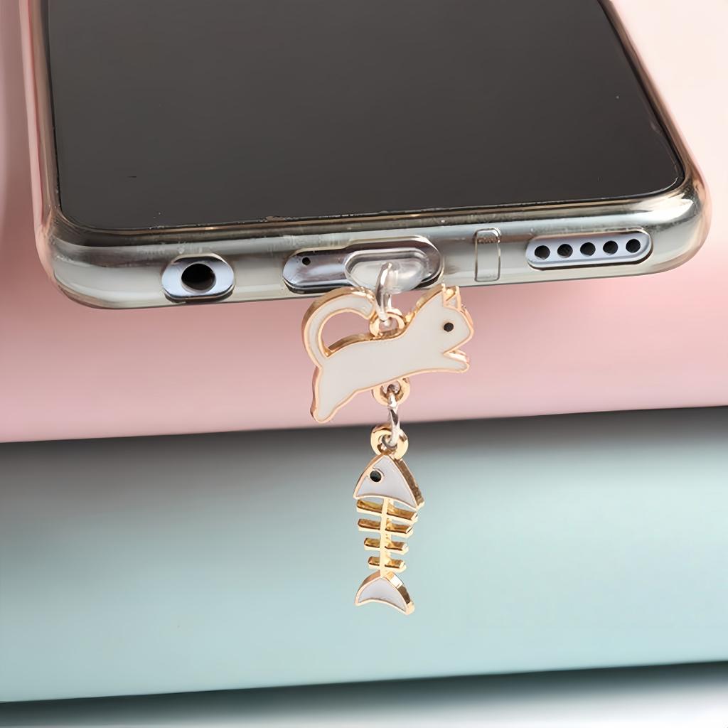 Tappo antipolvere decorativo per telefono con gatto cartone animato che mangia pesce, Ciondolo per telefono a forma di lisca di pesce per ragazzi, ragazze e coppie