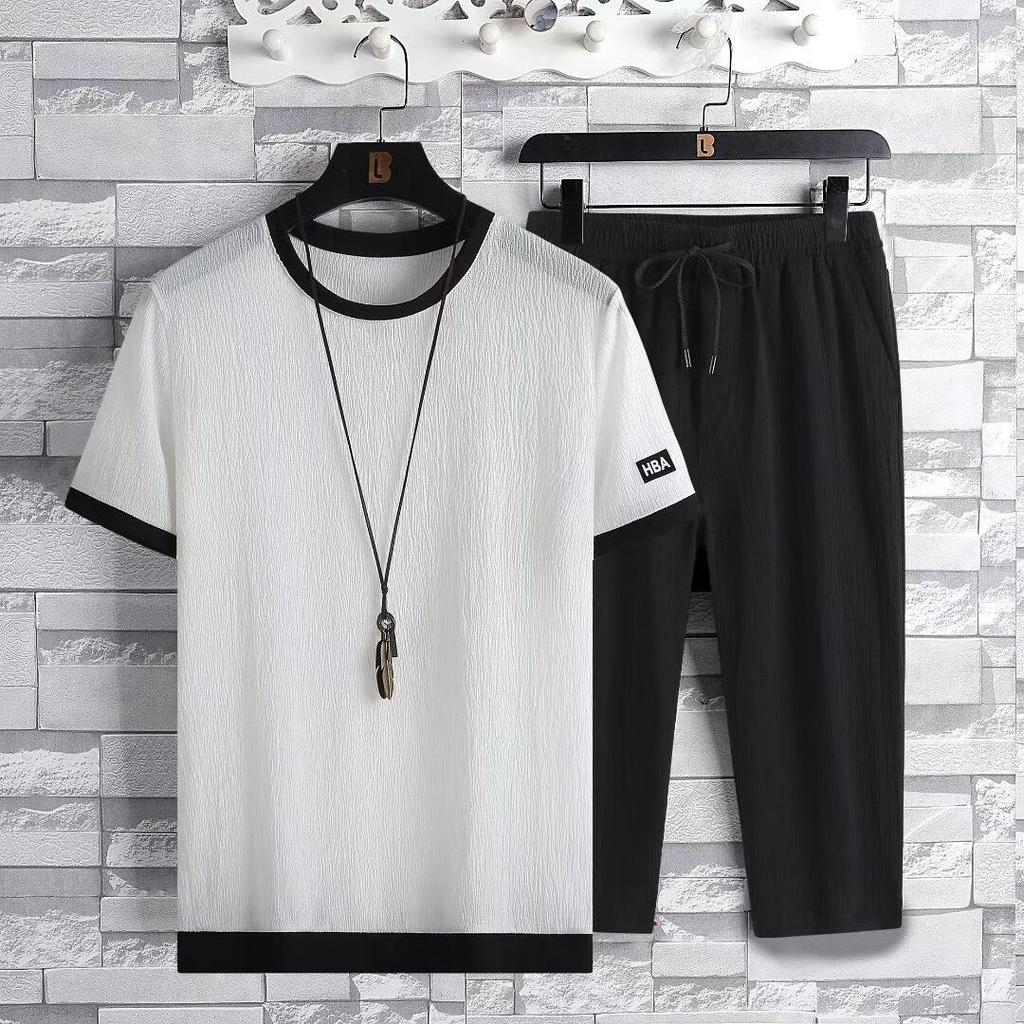 Men's Summer Ice Silk Suit   Loose  Leisure Sports Suit Men's Short-sleeved  Pants Two-piece Set