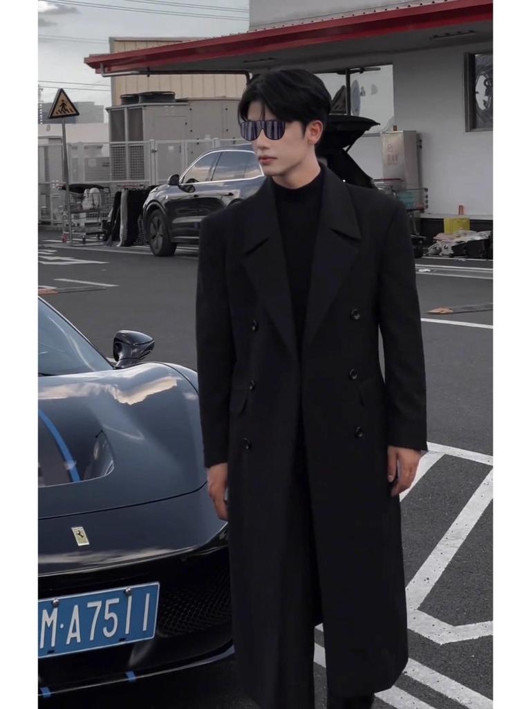 French-Inspired Men's Double-Breasted Trench Coat - Autumn/Winter, Mature Korean Trend, Drop Shoulder Woolen Style