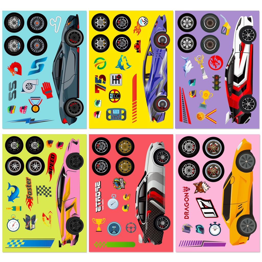 6 Pictures/pack of Sports Car Face Change Stickers Toy Puzzle Stickers Cartoon Make A Face Children Face Change Stickers