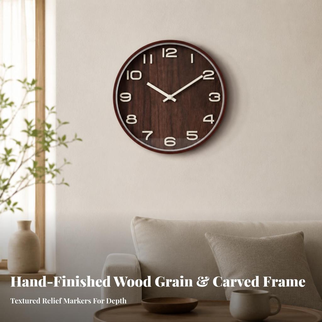 Round Wall Clock with Wood Frame Long-Lasting Quartz Glass Front
