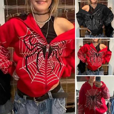 Women Hoodies Spider-Web Printed Punk Jackets Streetwear Gothic Style Vintage Zip-Up Hooded Coat Autumn Winter Clothing