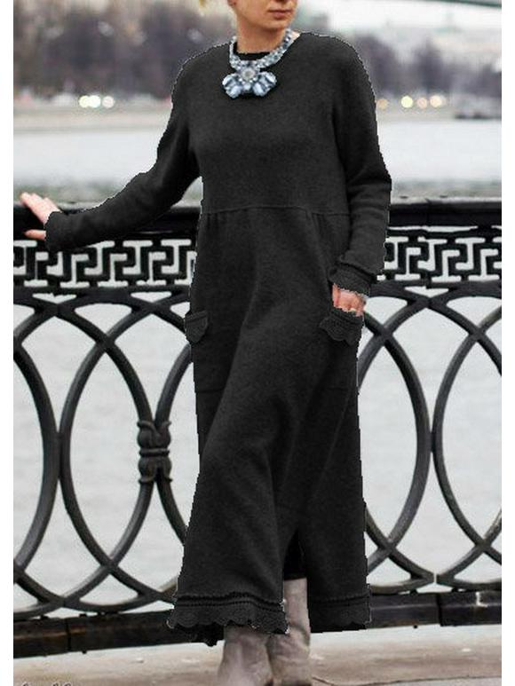 Solid Color Round Neck Loose Lace Plus Size Knitted Pullover Dress