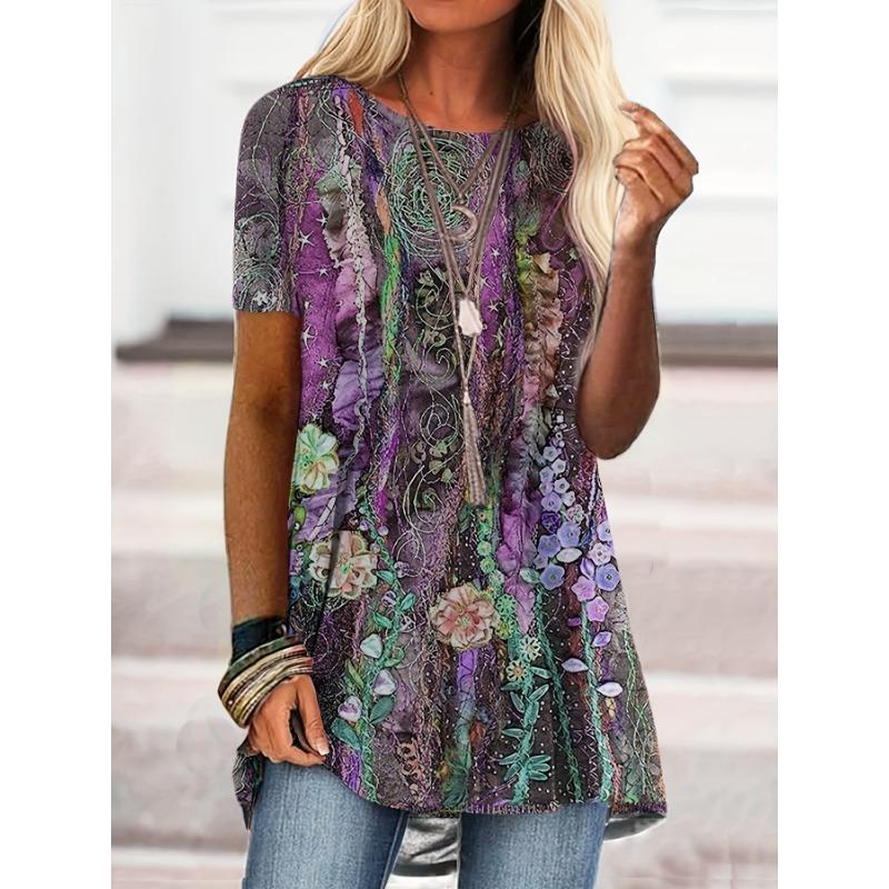 Plus Size 2025 European and American Women s Summer Printed Casual Loose Women s Casual T-Shirt Women s Plus Size Tops S