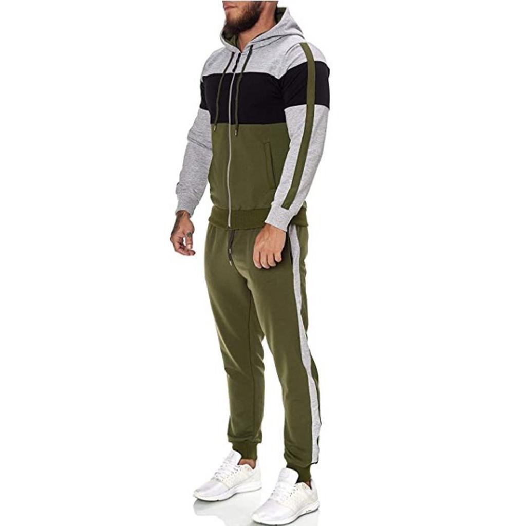 Men's fashion leisure color Patchwork sports fitness Hoodies pants suit