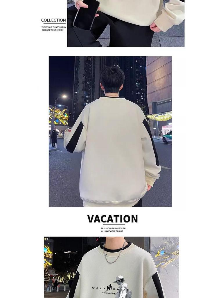 Men’s Trendy Colorblock Patchwork Hoodie – Spring/Autumn, Loose Fit, Plus Size, Round Neck, Long Sleeve Printed Top