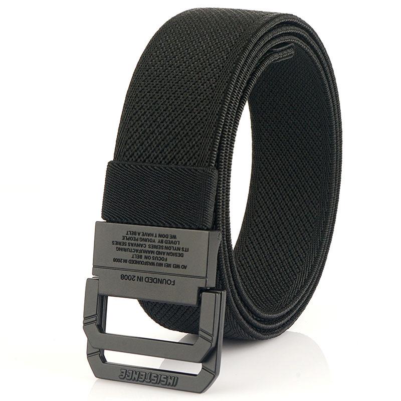 Unisex Black Metal Double Ring Buckle Elastic Canvas Belt for All Seasons