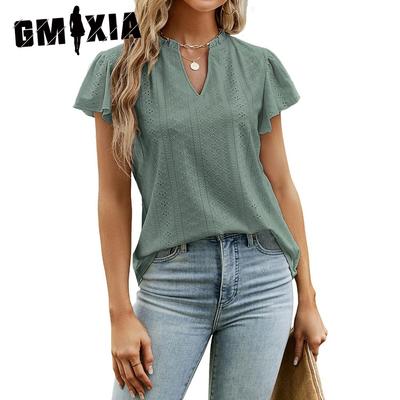 Tricou Top cu Mâneci Bufante Scurte cu Guler în V Jacquard de Primăvară Vară pentru Femei