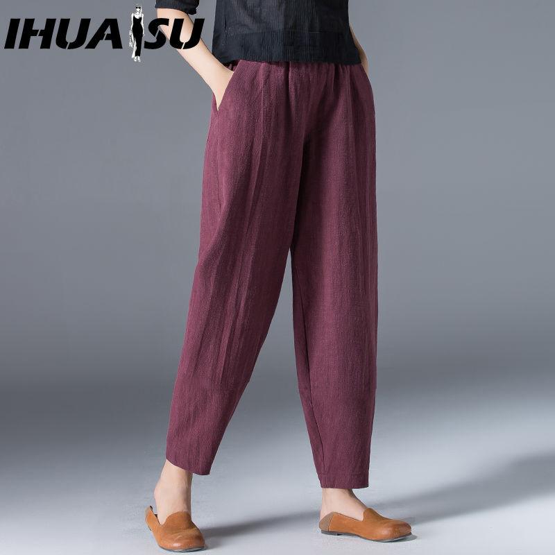 IHUASU 9 barev Objednejte o dvě čísla větší, Dámské letní ležérní volné bavlněné lněné harémové kalhoty s elastickým pasem, Slim kalhoty, Devítidélkové kalhoty