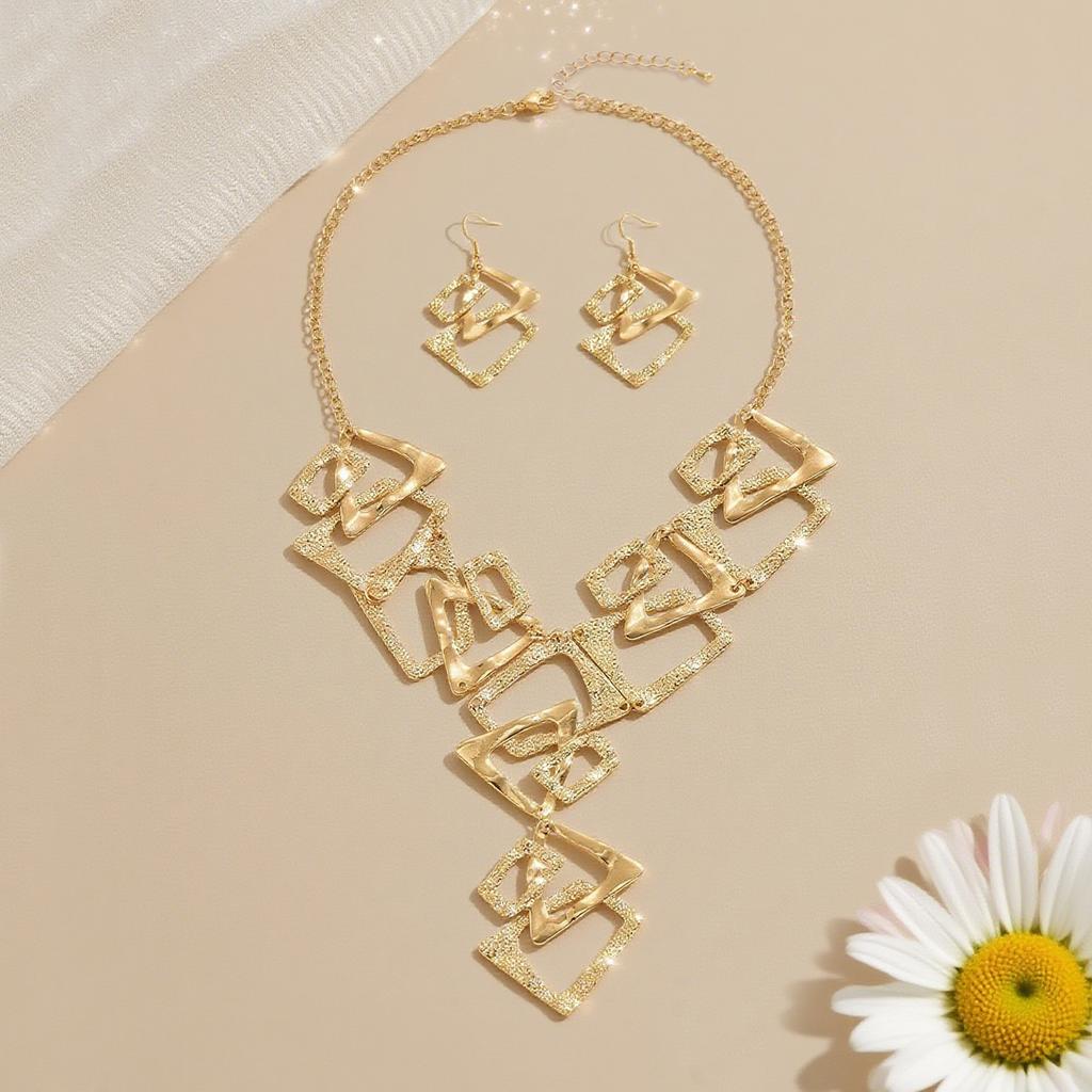 Vintage Exaggerated Geometric Irregular Triangle Splicing Hollow Metal Necklace and Earring Set Choker Clavicle Chain