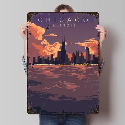 Illinois Sonnenuntergang Metallschild Landschaftsposter Vintage Metallplatte Benutzerdefinierte Blechschilder für Wandkunstdekoration Badezimmerdekor