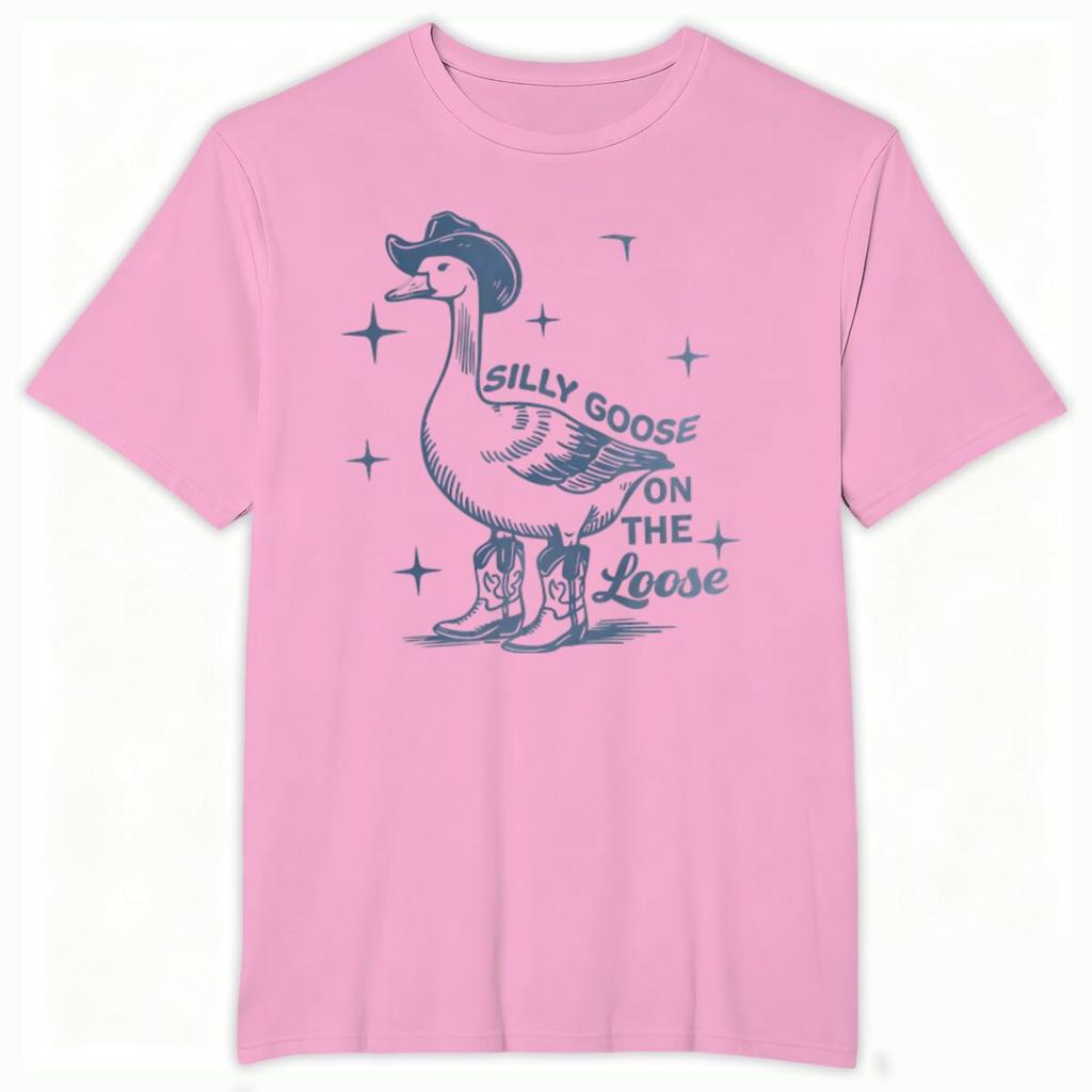 Funny Western Goose Printed Tshirt Silly Goose On The Loose Print Tshirt Crew Neck Animal Cowboy Goose Graphic T Shirt