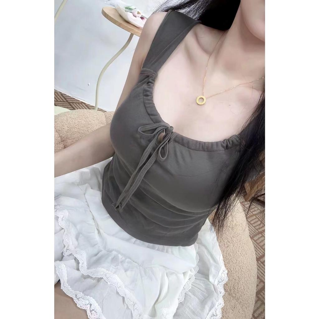 White Atmosphere Feeling Camisole Undershirt Women, Versatile with Bra Pads Department, with Bow Short Models Outside Slim Bottoming Tops