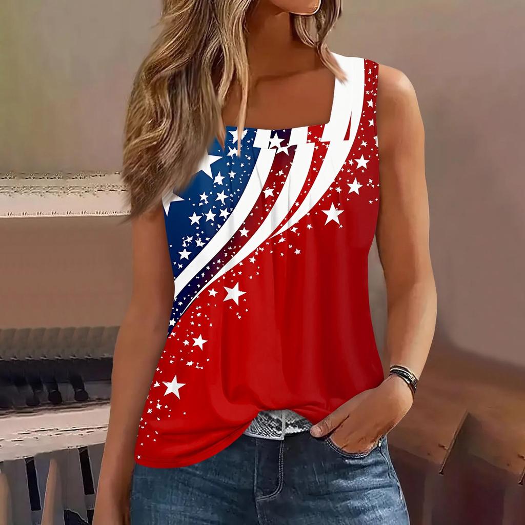 Tílko s čtvercovým límečkem Dámské tílko s potiskem Tričko Volný střih bez rukávů