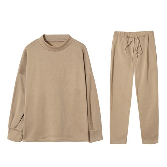 2-teiliges Damen-Oberteil-Hosen-Set Stehkragen Lange Ärmel Unifarbenes Sweatshirt Kordelzug Elastischer Bund Lockere Hose