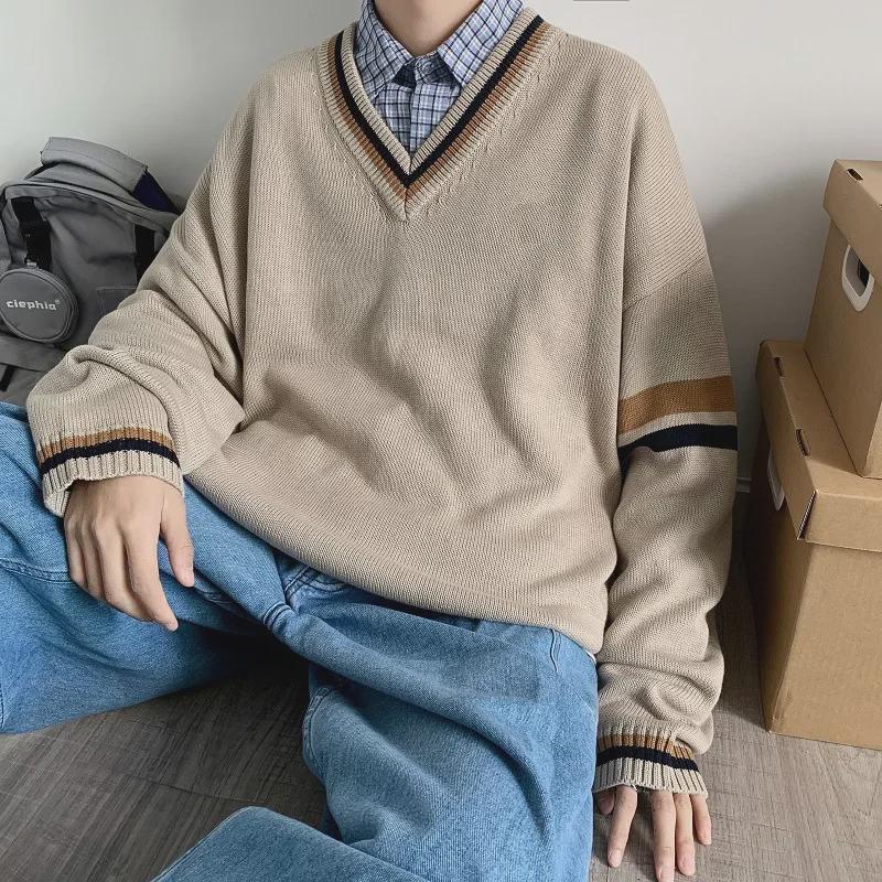 Spring & Autumn Men's Colorblock V-Neck Sweater - Japanese Retro, Korean Fashion, Knitted Jacket