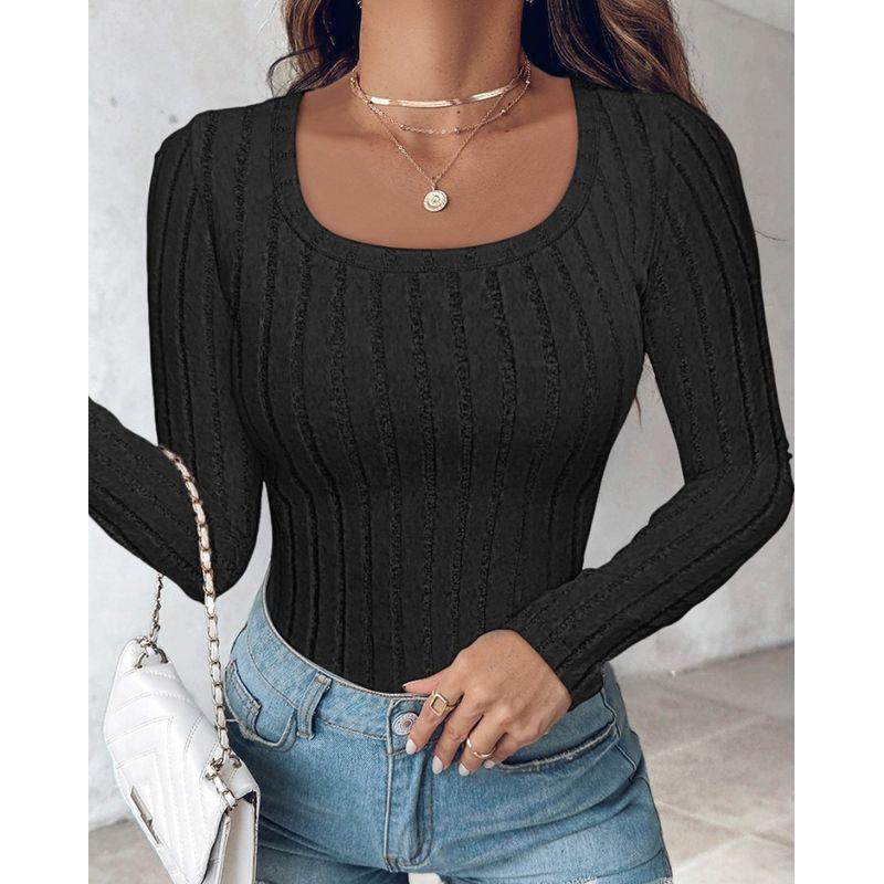Autumn New European and American Amazon Fashion Solid round Neck Temperament Slim fit Long sleeves Shirt Top Bottoming Shirt Multi-Color