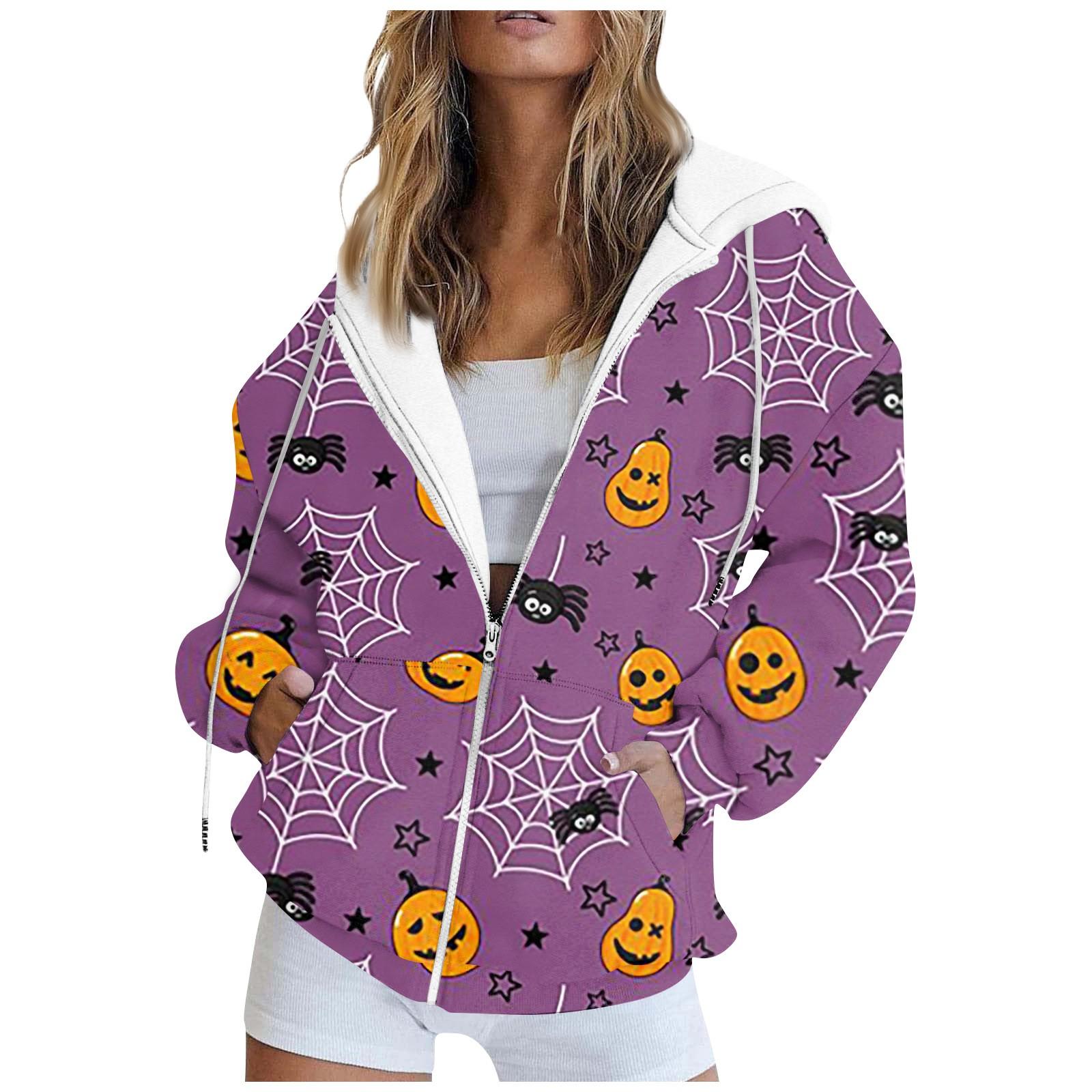 

Женская модная повседневная толстовка с принтом на Хэллоуин, длинный рукав с карманом, кардиган, куртка, пальто с капюшоном на молнии M светло-фиолетовый