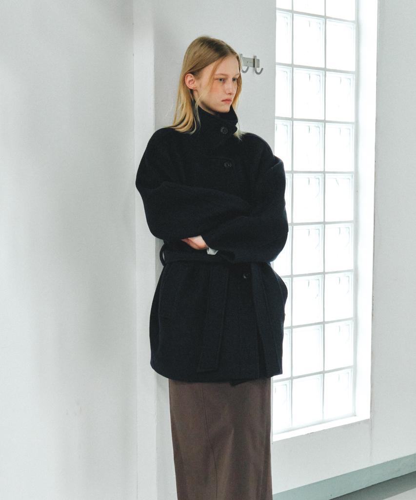 AENTE Wool Belted Half Coat - Navy