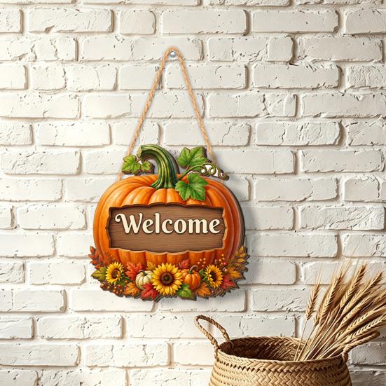 Festive Harvest Festival Decor Autumn Pumpkin Gnome Welcome Sign for Front Door, Rustic Wood Hanging Thanksgiving Wall Ornament with Hemp Rope