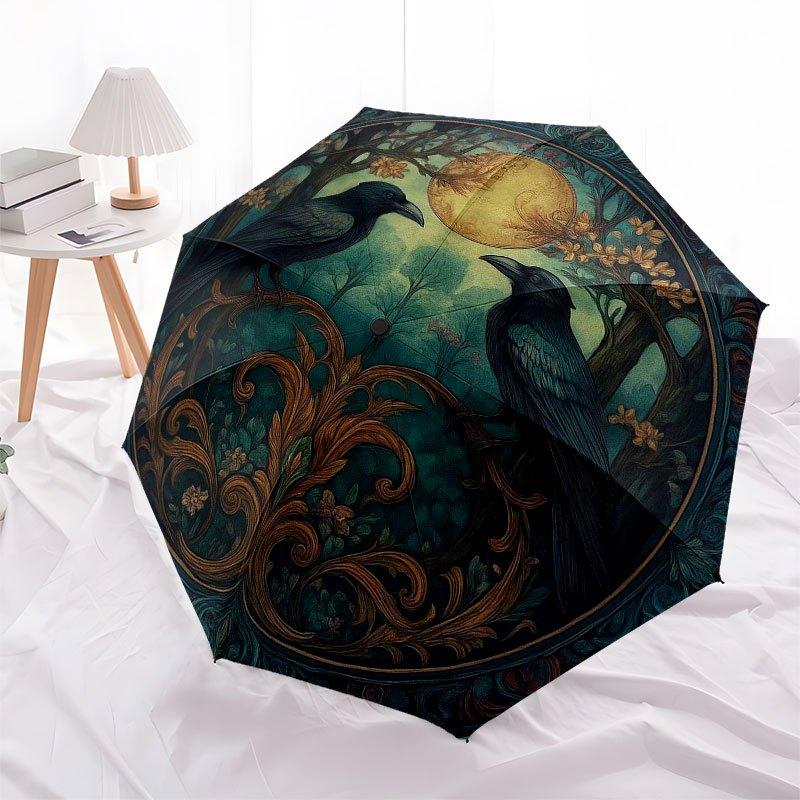 Raven Moonlit Forest Wall Art: Mystical Circular DecorUmbrella with Cute Design, Portable 3-Fold Compact Umbrella for Men & Women, Valentine's Day Mot