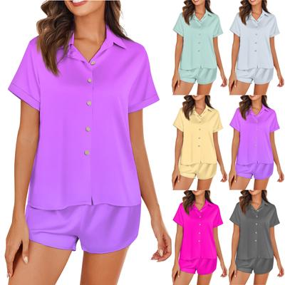 Damen Seidenpyjama Kurzarm Satin Nachtwäsche Set 2-teilig Knopf Hauskleidung
