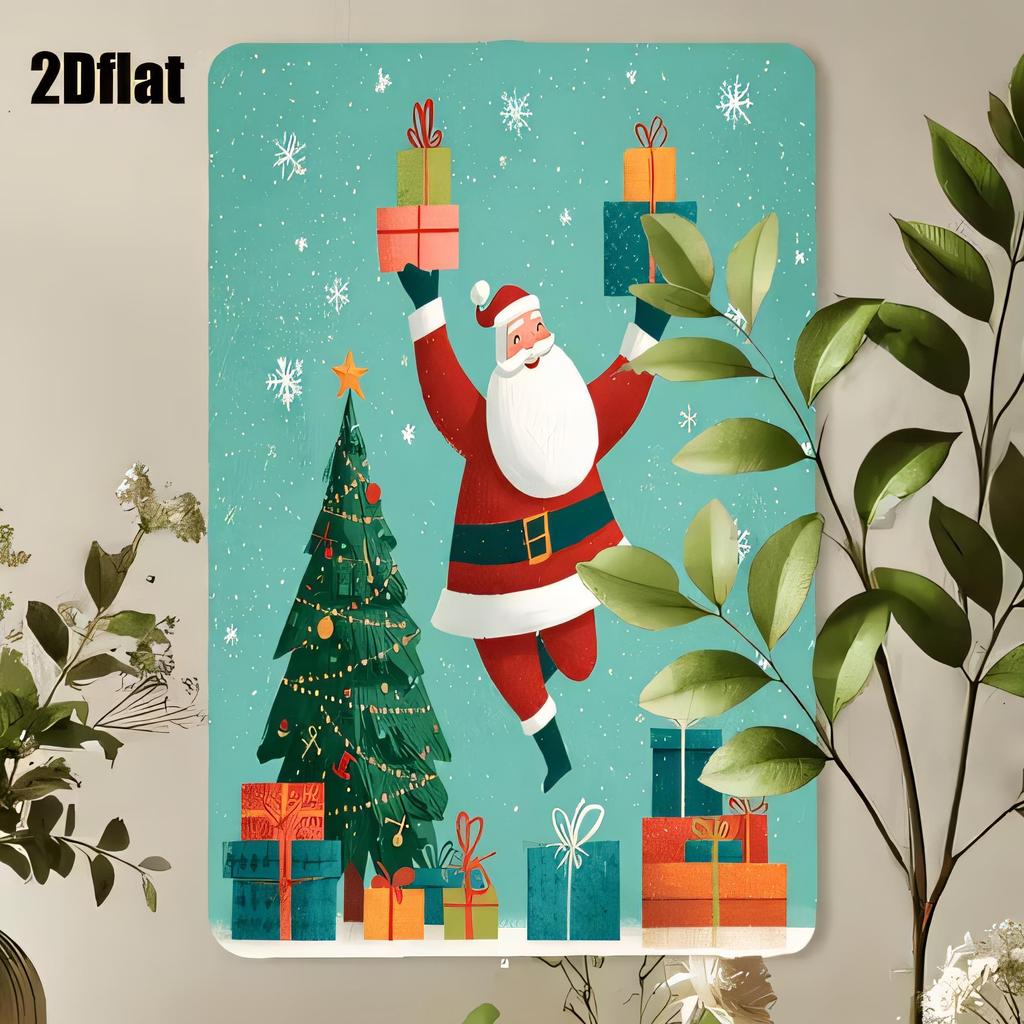 Tin Sign Santa Claus Flying Over Christmas Gifts In Snowflakes Vintage Holiday Metal Wall Decor Festive Xmas Party Home Bar Ga