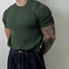 Men Summer Sport T-shirt Knitted Thread Elastic O Neck Slim Fit Solid Color Short Sleeves Pullover Workout Gym Training Top