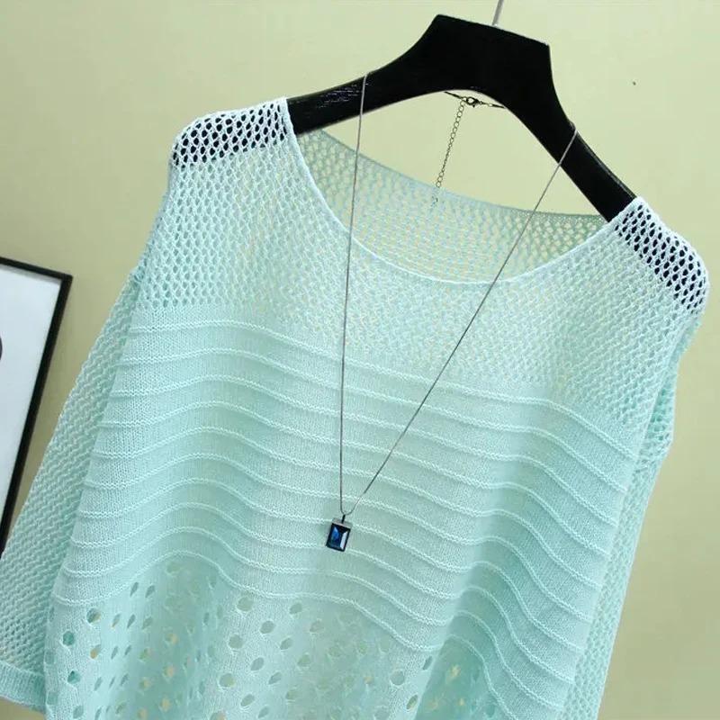 Fashion Ice Silk Women Knitted Vest Spring Summer Hollow Out Thin Bottoming Sling Streetwear Clothing Shirt