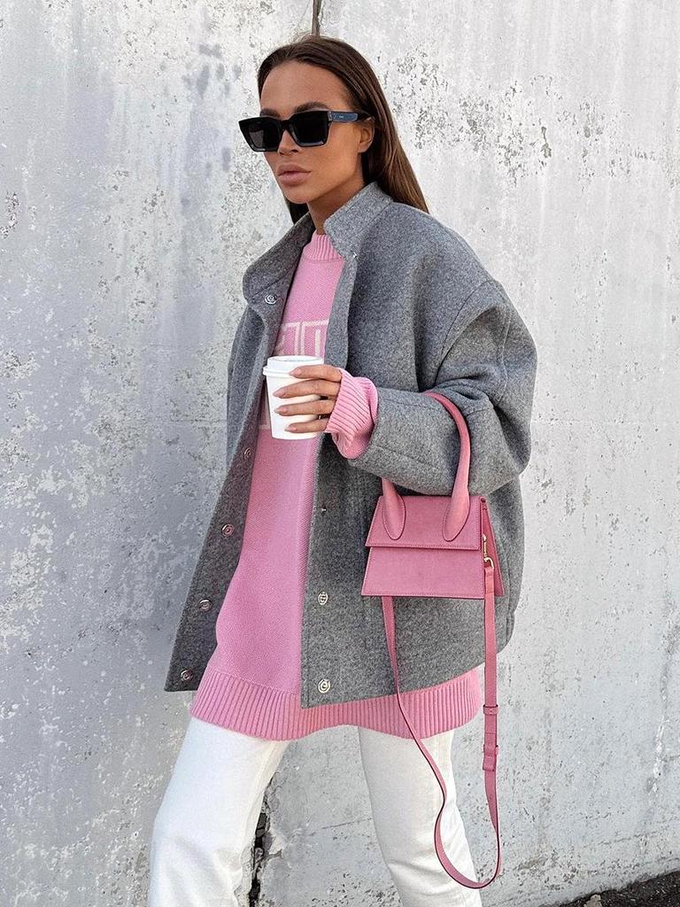 2026 Minimalist Grey Woolen Coat for Women – Early Autumn, Long Sleeve, Stand Collar, Loose Fit, Versatile High-end Top
