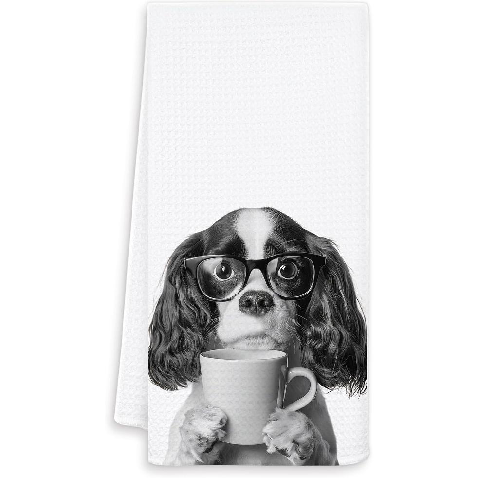 Funny Coffee Cavalier King Kitchen Towels, Cavalier King Charles Spaniel Gifts Dish Tea Towel for Kitchen Coffee Bar Station Decor, Dog Lovers Mom