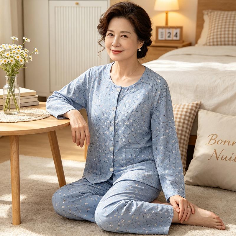 Crew neck temperament floral pajamas women's autumn new imitation cotton long sleeves in the elderly grandma loungewear suit