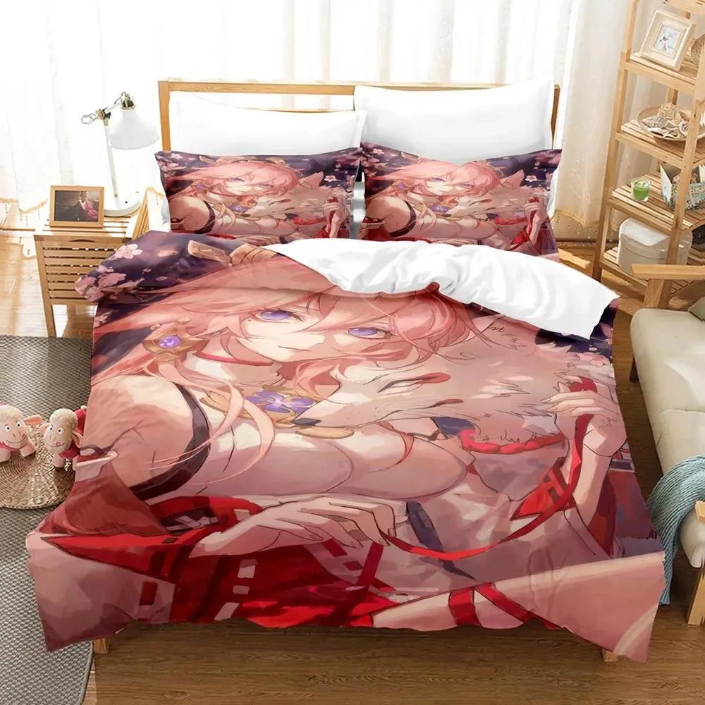 

Genshin impact Yae Miko 3D Printed Soft Duvet Cover Set for Young Boys Bedrom Single Double Ful Quen Sized Dimensions Comfortable Quilt Cover 135*200cm Eu-Single