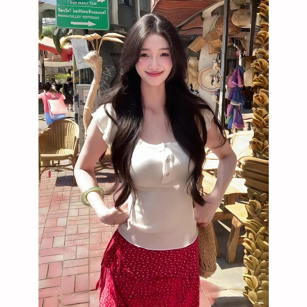 Double-layer fungus edge design gray small flying sleeves front shoulder T-shirt women's summer new slim-fitting versatile small top