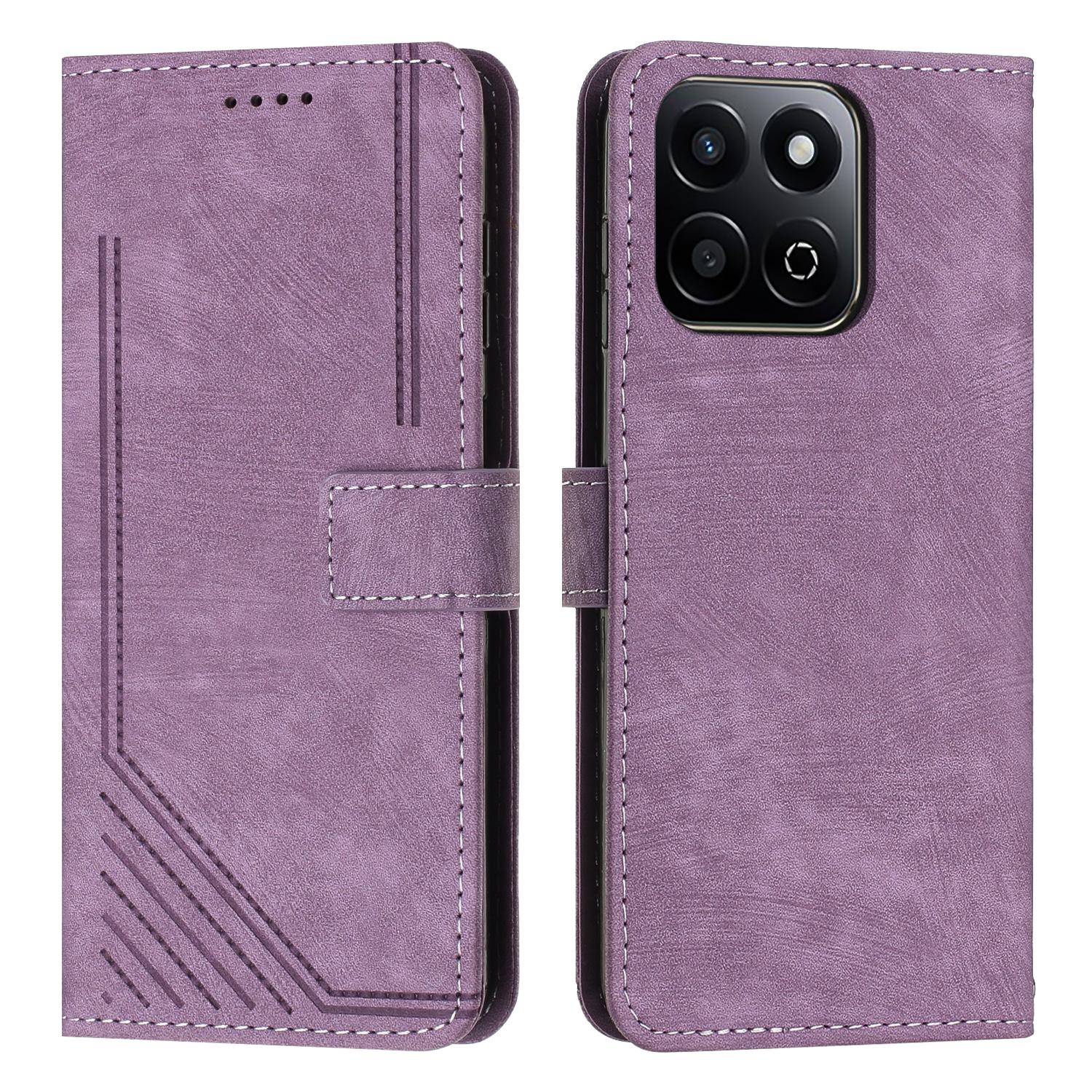 

For Honor X7c 4G/200 Smart 5G/Play 60 Plus 5G/Play 9T Case Imprinted Lines Leather Phone Cover Folding Stand Purple