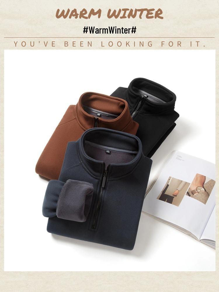 Men's Warm Wool-Blend Zipper Base Layer Shirt with Plush Lining and Stand Collar