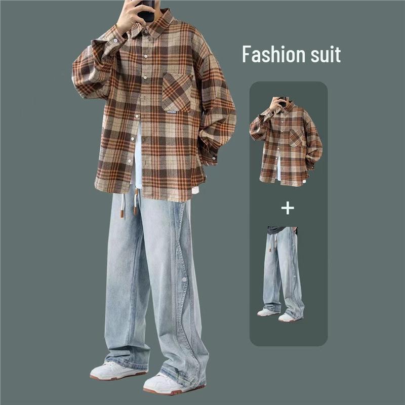 Men's Hong Kong Style Plaid Shirt Autumn Set - High-End Teen Cool & Handsome Outfit