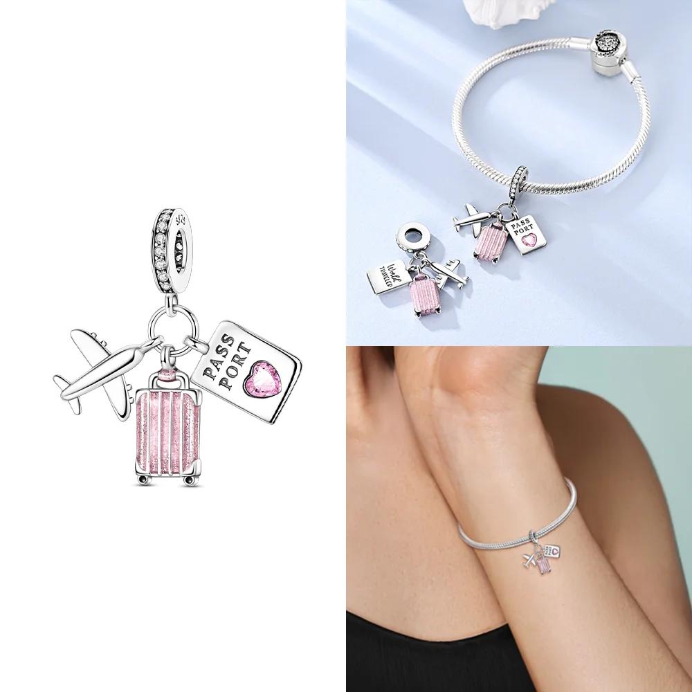 Aircraft Luggage Box Cat Pink Zircon Copper Original Charms Beads Fit Bracelet Women Jewelry Diy Beautiful Gifts Accessory