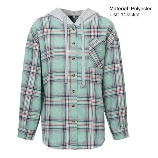 Women Coat Plaid Single-breasted Hooded Pocket Spring Shirt for Daily Wear