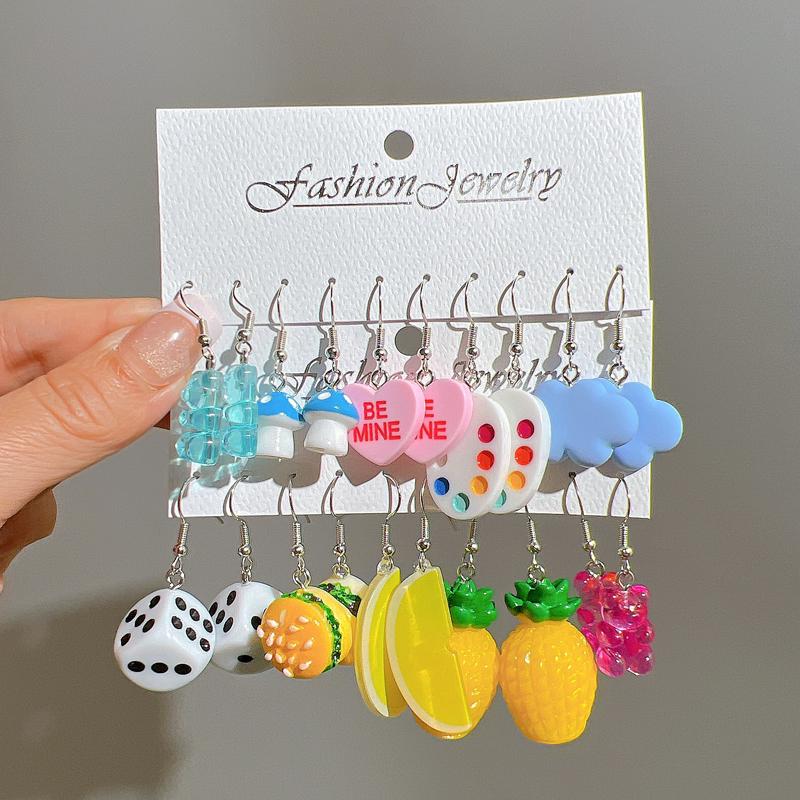 New Cute Cartoon Animal Fruit Earrings Set for Women Girl Simulated Resin Acrylic Food Drink Icecream DIY Dangle Earring Jewelry