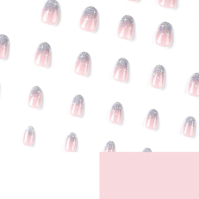Dulce y genial pegatina para uñas cortas con diseño de estrellas blancas y plateadas, para llevar en francés, con armadura brillante y rosa, para una chica encantadora