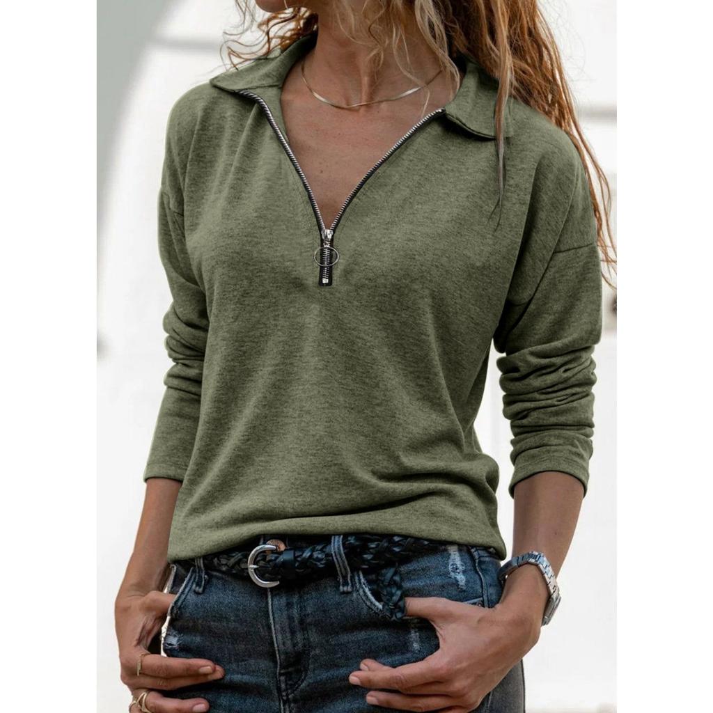 IHUASU Autumn Winter Women's Knitted Fabric Lapel Zipper Casual Long Sleeve Women