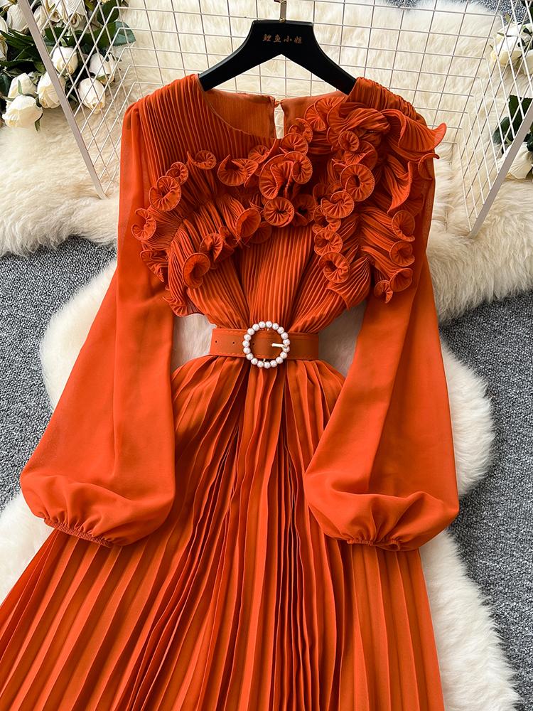 Vestido Elegante de Moda Primavera Outono para Mulheres Novo Francês Borda Cogumelo Crimpado Solto Chiffon Manga Longa Vestido Longo