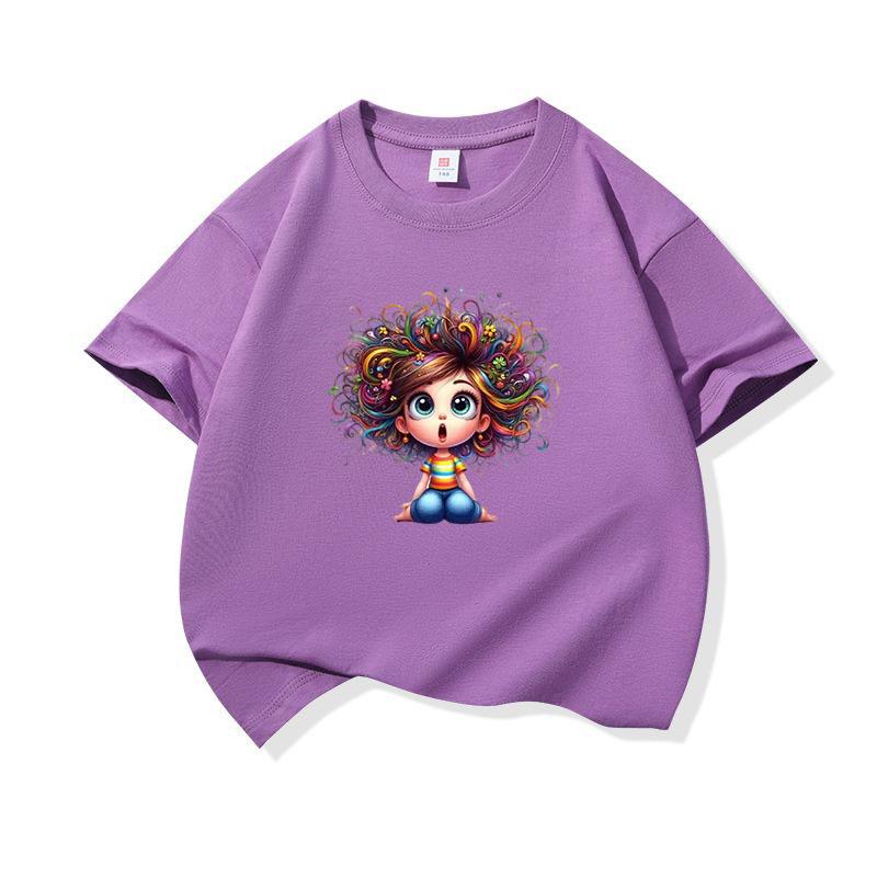 Kids Cotton T Shirt Sitting Girl With Colorful Hair Print Crew Neck Short Sleeve Tee Casual Boys Girls Summer Tops