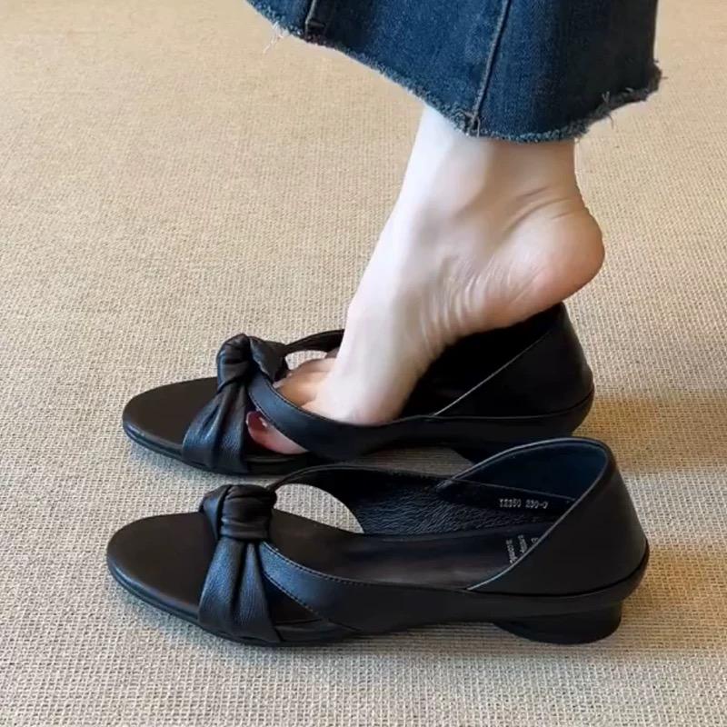 Fashion Black Peep Toe Mid Heel Sandals Women's Pumps Square Heel Soft Sole Leather Work Shoes Simple Casual Summer Hollow Out Sandals
