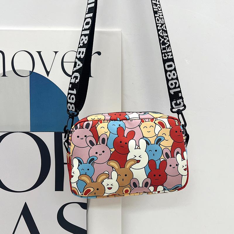 Fashion Cartoon Bunny Print Crossbody Bag with Wide Printed Strap, Casual Nylon Shoulder Purse for Daily Teens Use Wallets